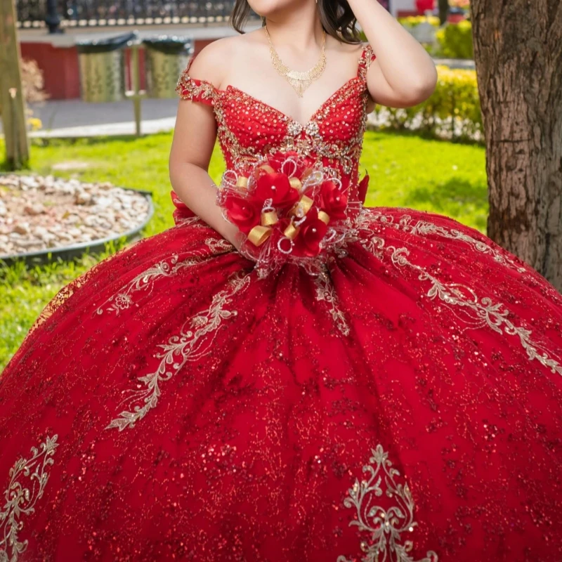 

Red Shiny Quinceanera Dresses Ball Gown Off The Shoulder Sequin Applique Lace Beading Crystal Bow Tull Party Birthday Sweet 16