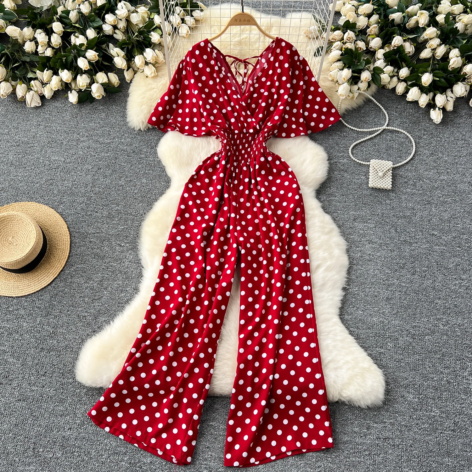 

Chic Vintage v neck Bandage dot Top Jumpsuit Elegant High Waist Casual Wide Leg Pants Summer Women Playsuit