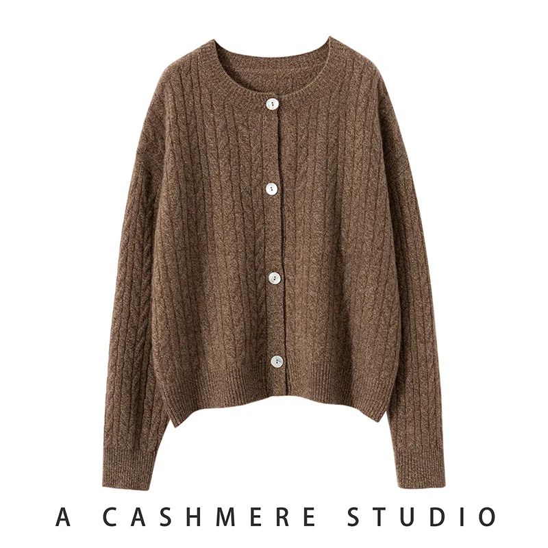 Autumn And Winter New 100% Cashmere Cardigan Women O-Neck Sweater Long Seeve Loose Knit Cardigans Female Thick Sweater Jacket