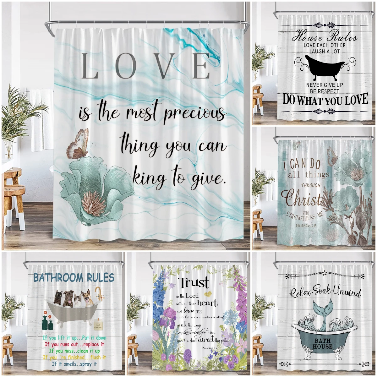 Motivational Quotes Farmhouse Shower Curtain Daisy Lavender Succulent Plant Spring Bath Curtain Vinatge Floral Bathtub Curtain