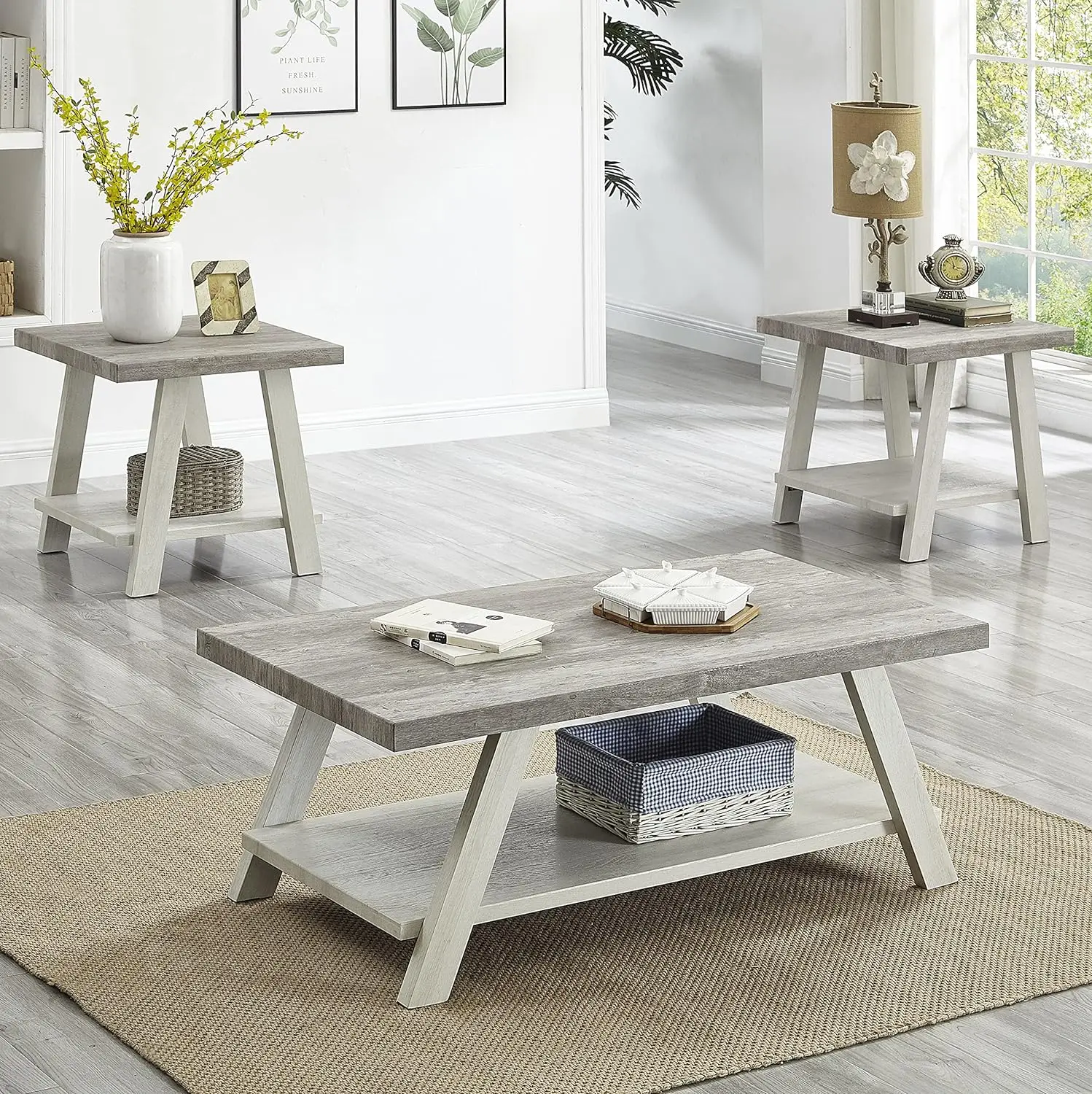 

Roundhill Furniture Athens Contemporary 3-Piece Wood Shelf Coffee Table Set, 24D x 48W x 19H in, Gray and Beige