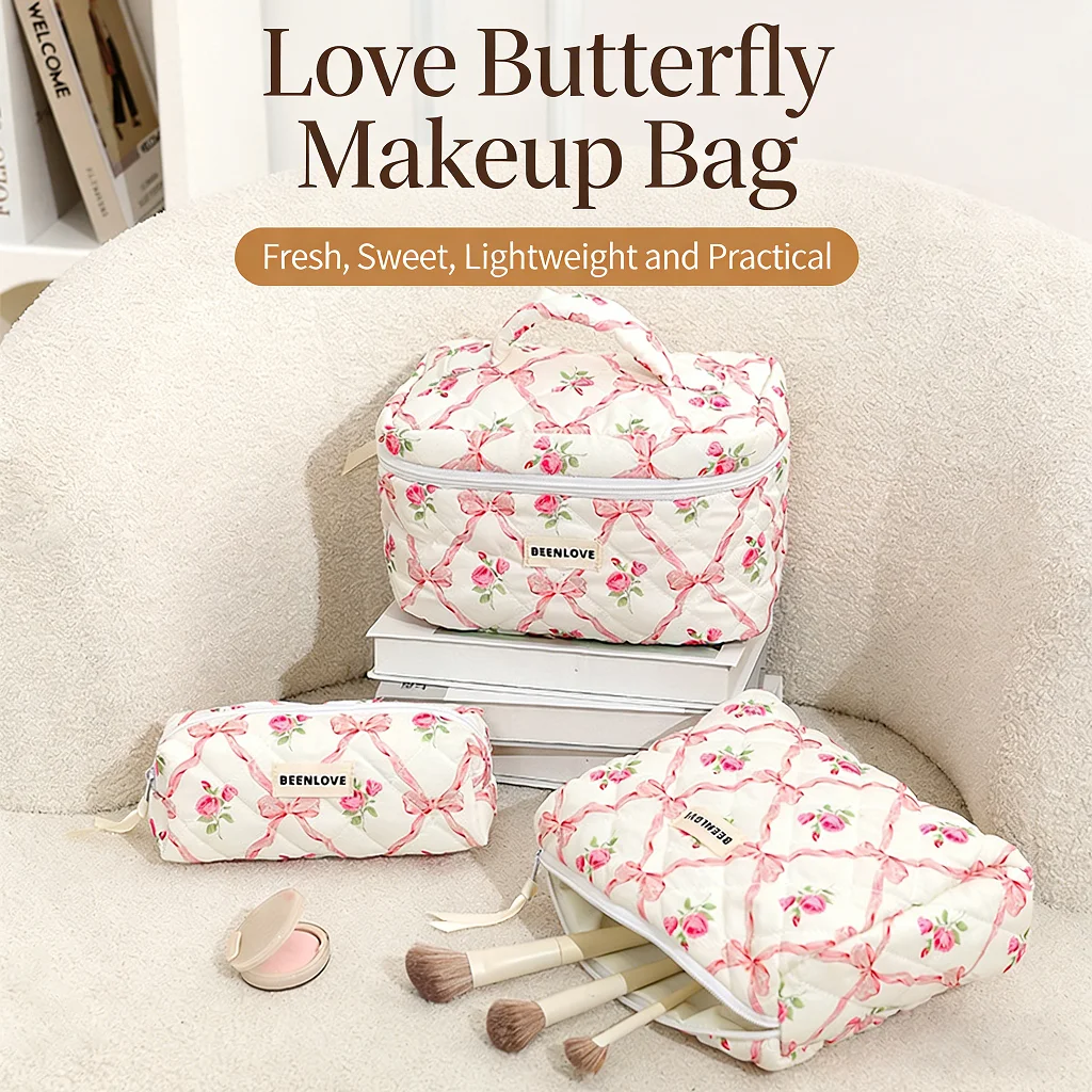 Cute Bow Flower Quilting Cotton Makeup Bag Women Zipper Cosmetic Organizer Female Cloth Handbag Portable Toiletry Case for Girls