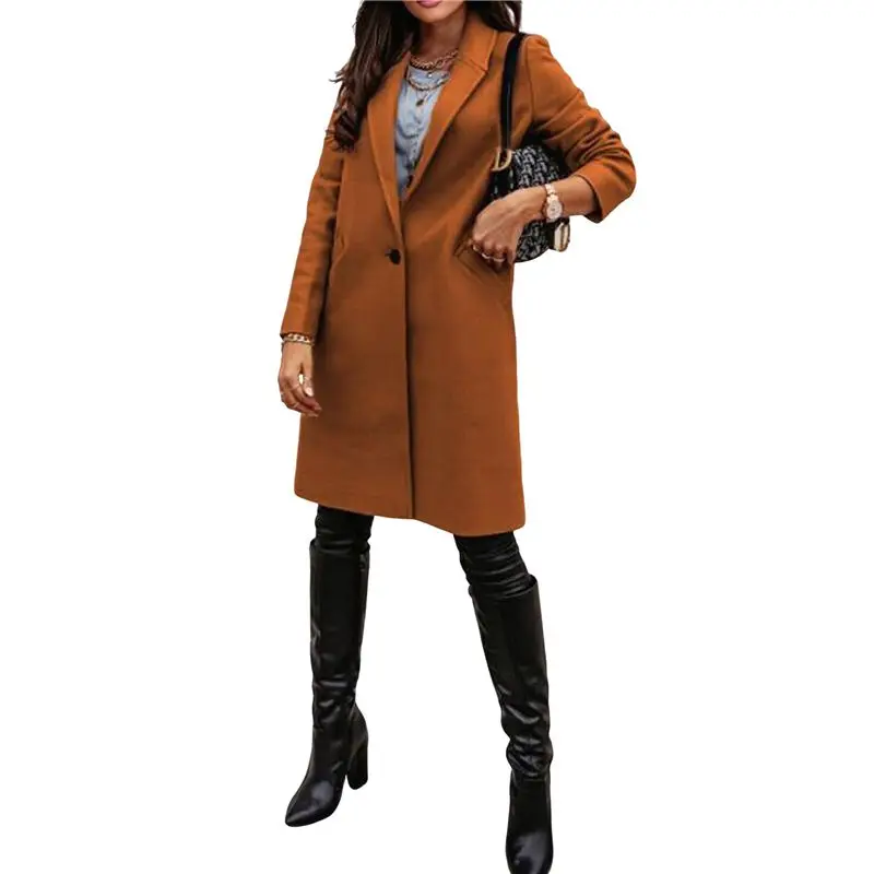 

A24F-Women's Pea Coat Lapel Single Button Windbreaker Loose Casual Mid-Length Jacket Fall Winter Coat