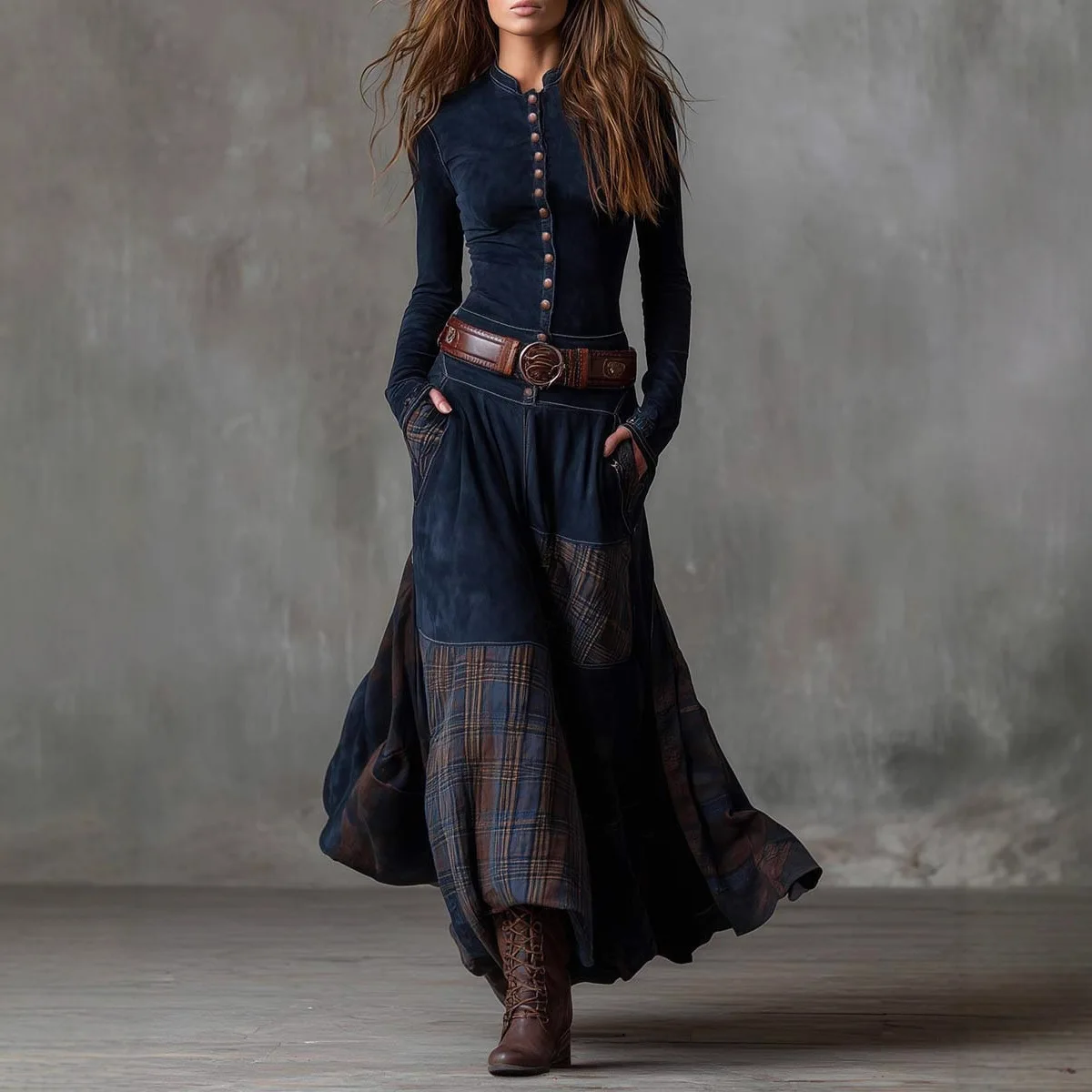 

2026 Women's Autumn Fashion New Slim Fit Flip Neck Dress Long Sleeve Retro Style Commuter Button Chic Party Long Dress