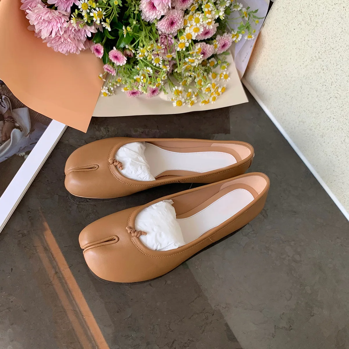 أحذية باليه سوداء مسطحة بمقدمة مقسمة للنساء فستان ماري جينس بدون كعب راقصة الباليه Zapato Mujer