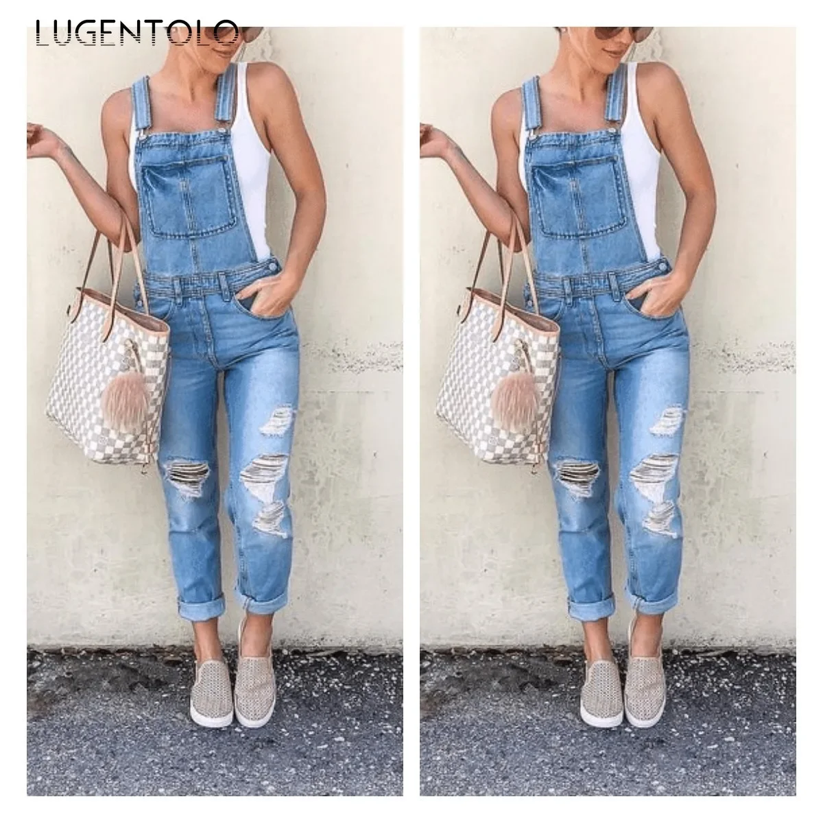 Lugentolo Women Hole Denim Jumpsuit Overalls Casual Sport New Suspenders Ripped Lady Washed Pocket Street Straight Leg Jumpsuits