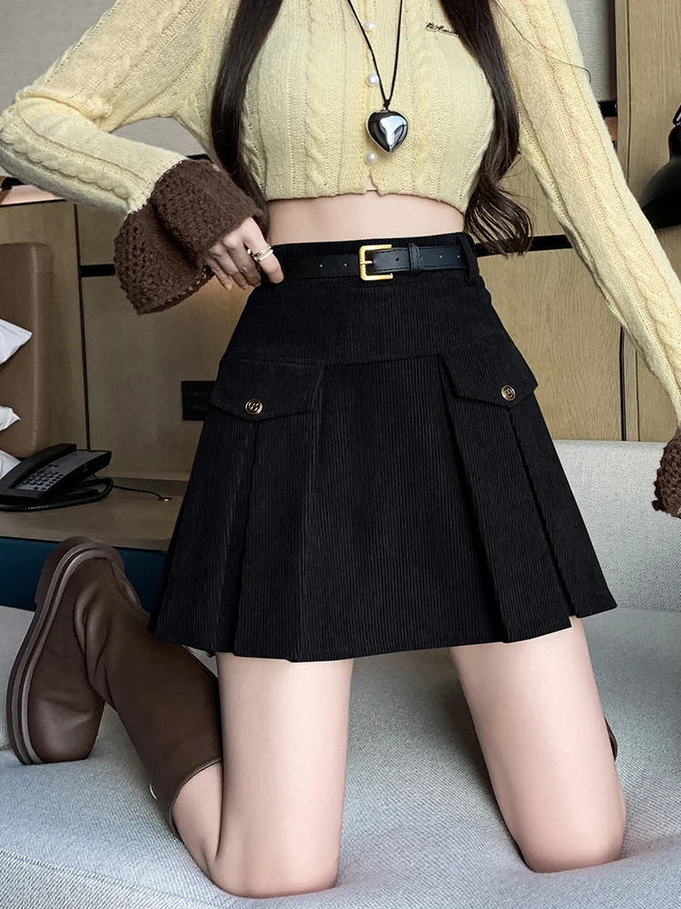 College Style Vintage Mini Corduroy Skirt For Woman Autumn Winter Streetwear Slim Short A-line Skirts With Pocket