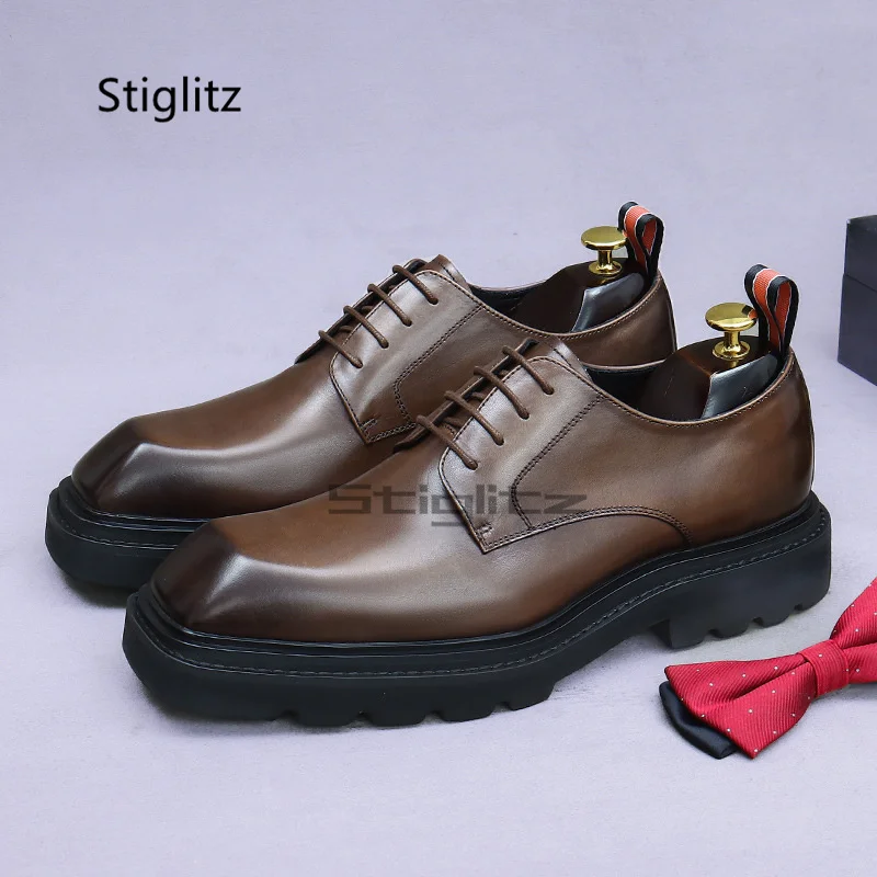 

Men's Thick Soled Genuine Leather Shoes Handmade Square Toe Lace Up Casual Business Dress Shoes Wear-Resistant Male Shoes