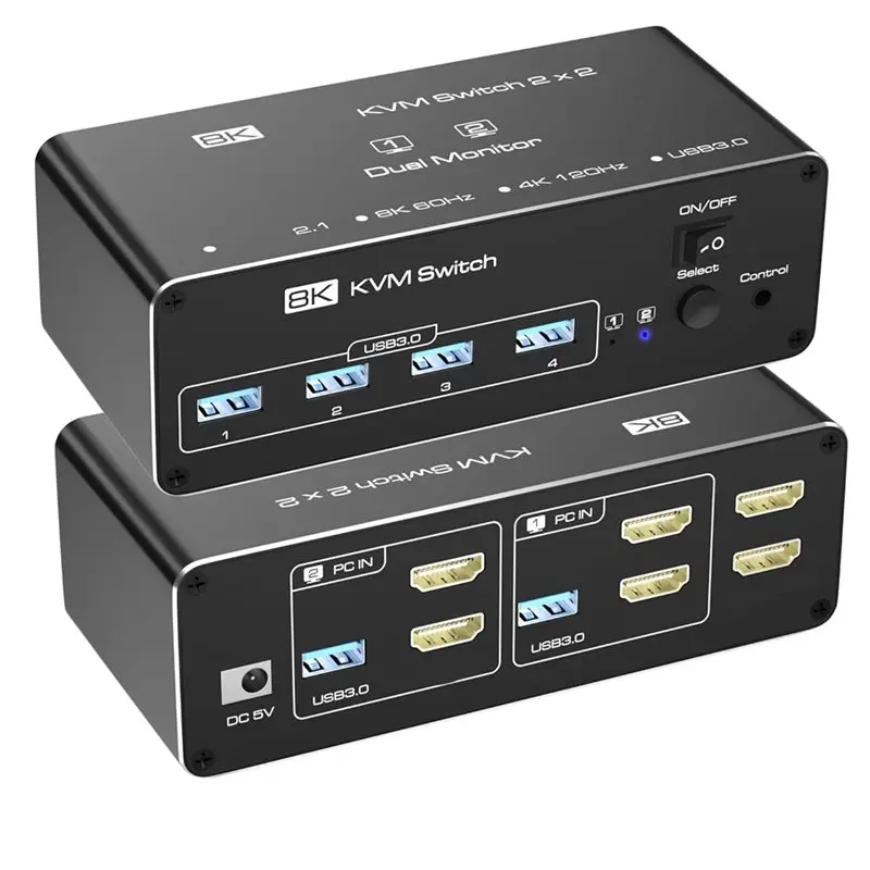 T23C -Compatible KVM Switch 2 Monitors 2 Computers, USB 3.0 For 2 Pcs To 2 Screen Sharing Extended Display Support Mode
