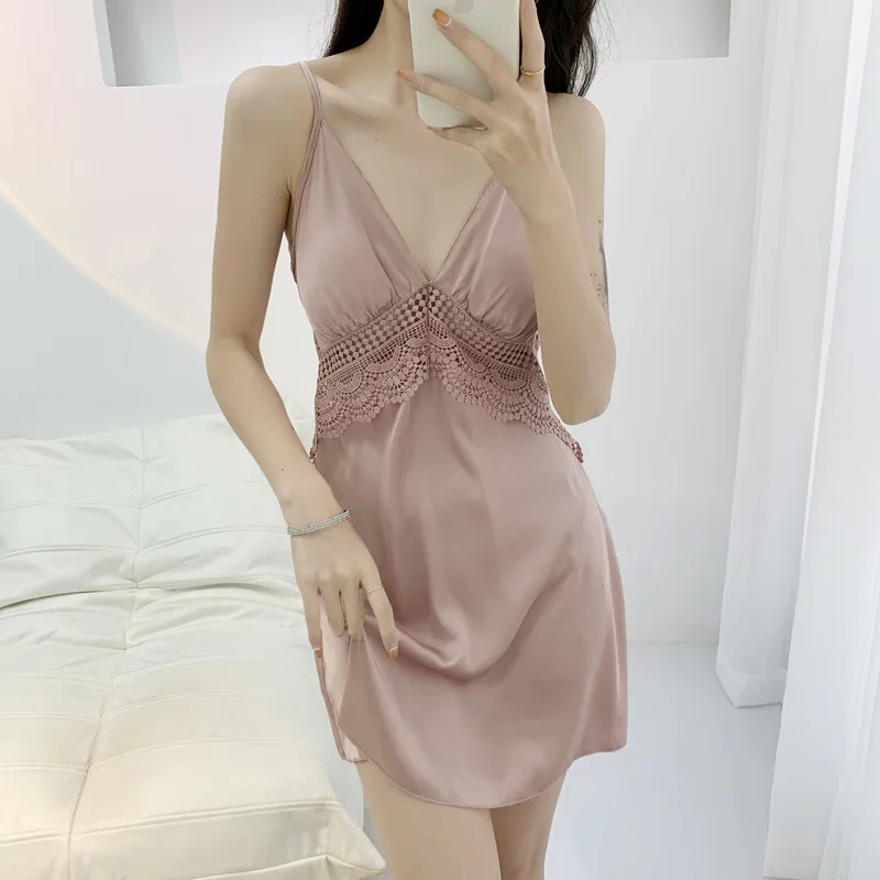 Gaun Malam Suspender FZSLCYIYI Pakaian Tidur Wanita Satin Sutra Gaun Malam Renda Seksi Gaun Tidur V-Neck Lingerie Pakaian Rumah Musim Panas