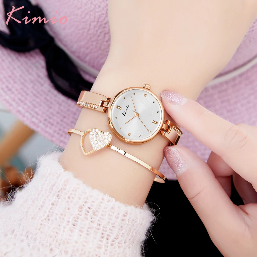 KIMIO 2022 Women Watch Brand Luxury Rhinestone Fashion Simple Round Dial Rose Gold Ladies Quartz Watch Bracelet Female Clock