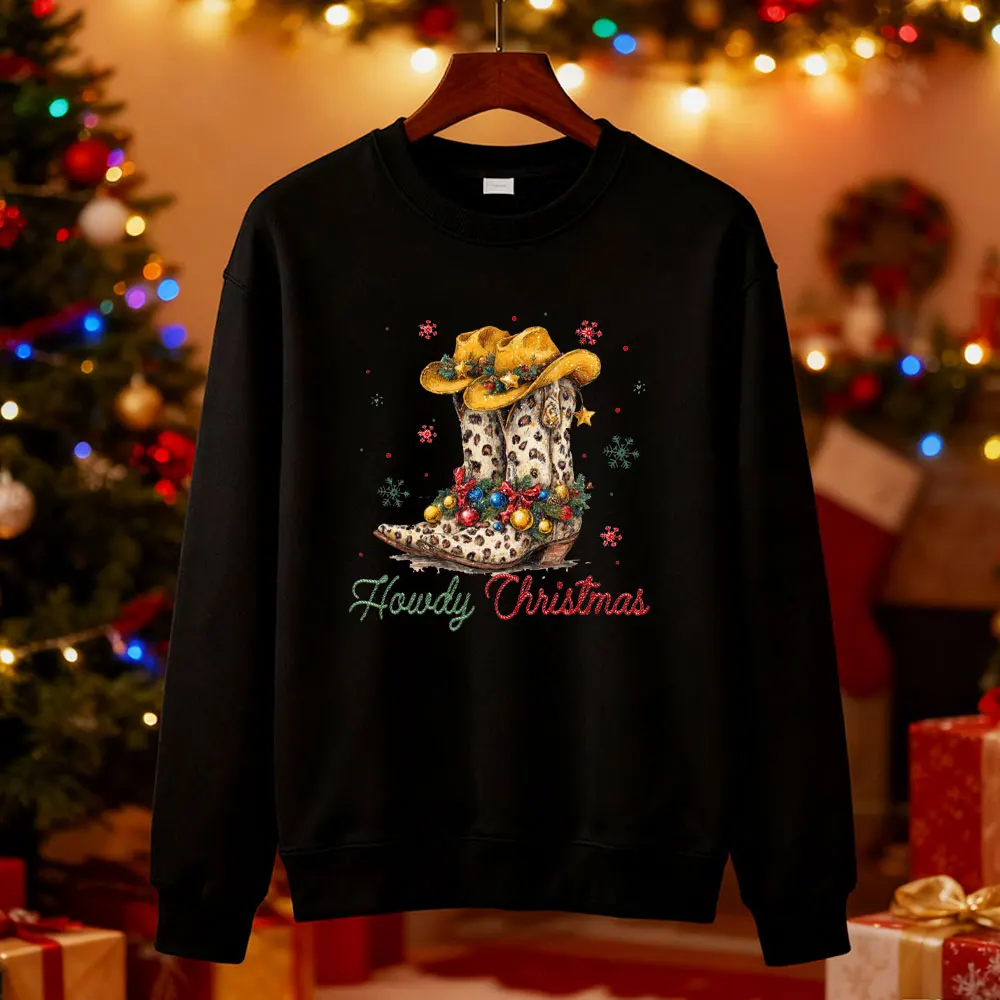 크리스마스 스웨트셔츠 컨트리 펀 크리스마스 스웨터 웨스턴 카우보이 부츠 후디 메리 크리스마스 여성용 홀리데이 후디