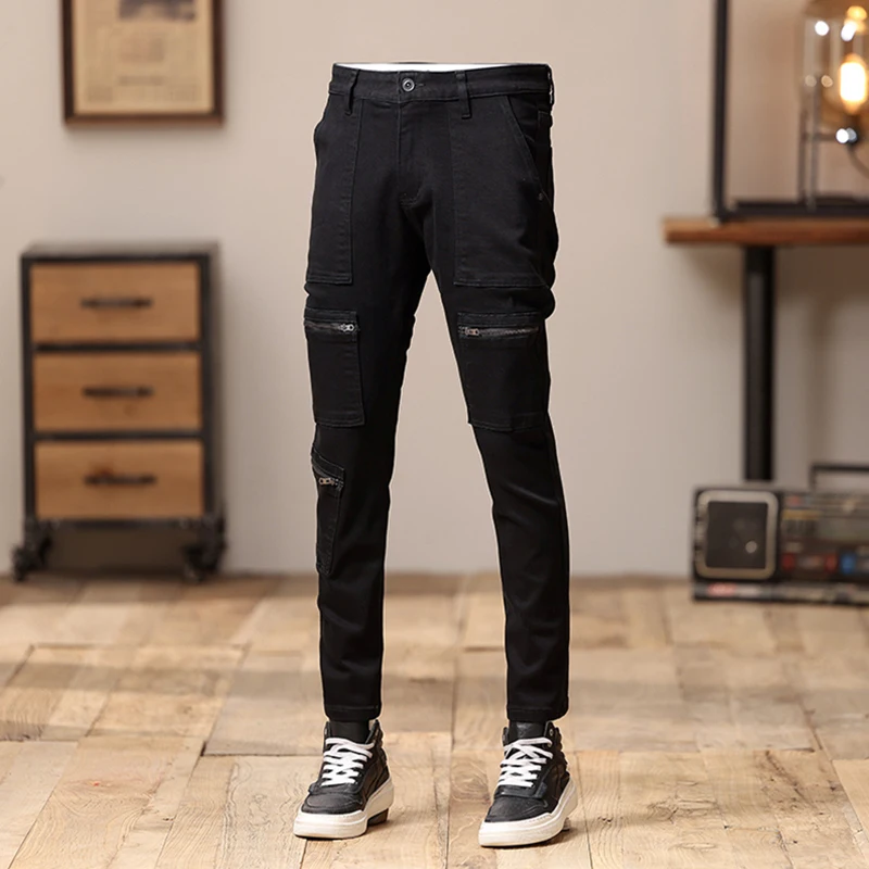 Fashion Brand Irregular Stitching Design Jeans Men's Street Men's Wear Pencil Pants Stretch American Style Trend Trousers