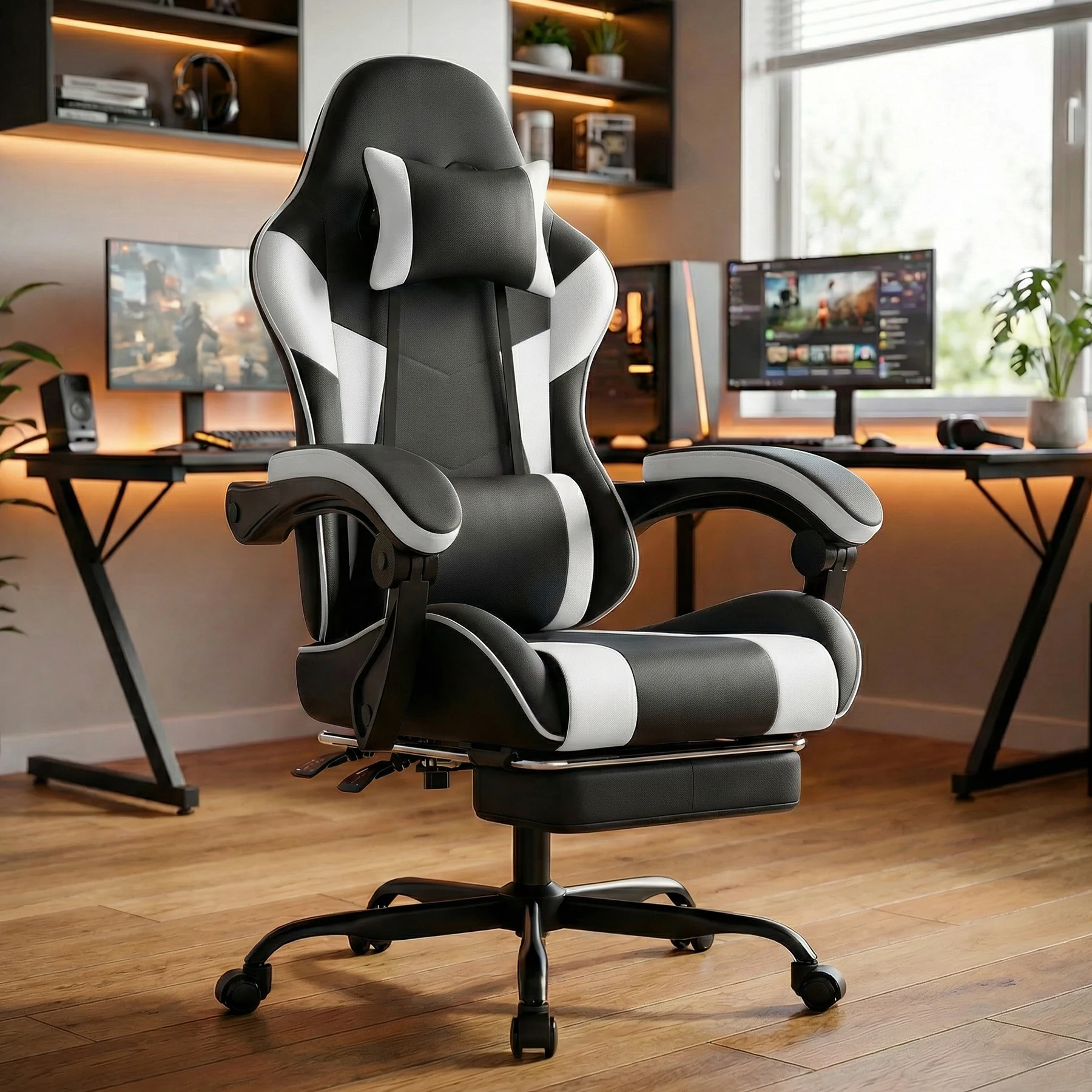Chaise de jeu ergonomique avec support lombaire, chaise de bureau en cuir PU respirant, appui-tête réglable et dossier inclinable, accoudoirs articulés, structure en acier robuste, capacité de 300 lb, noir et blanc