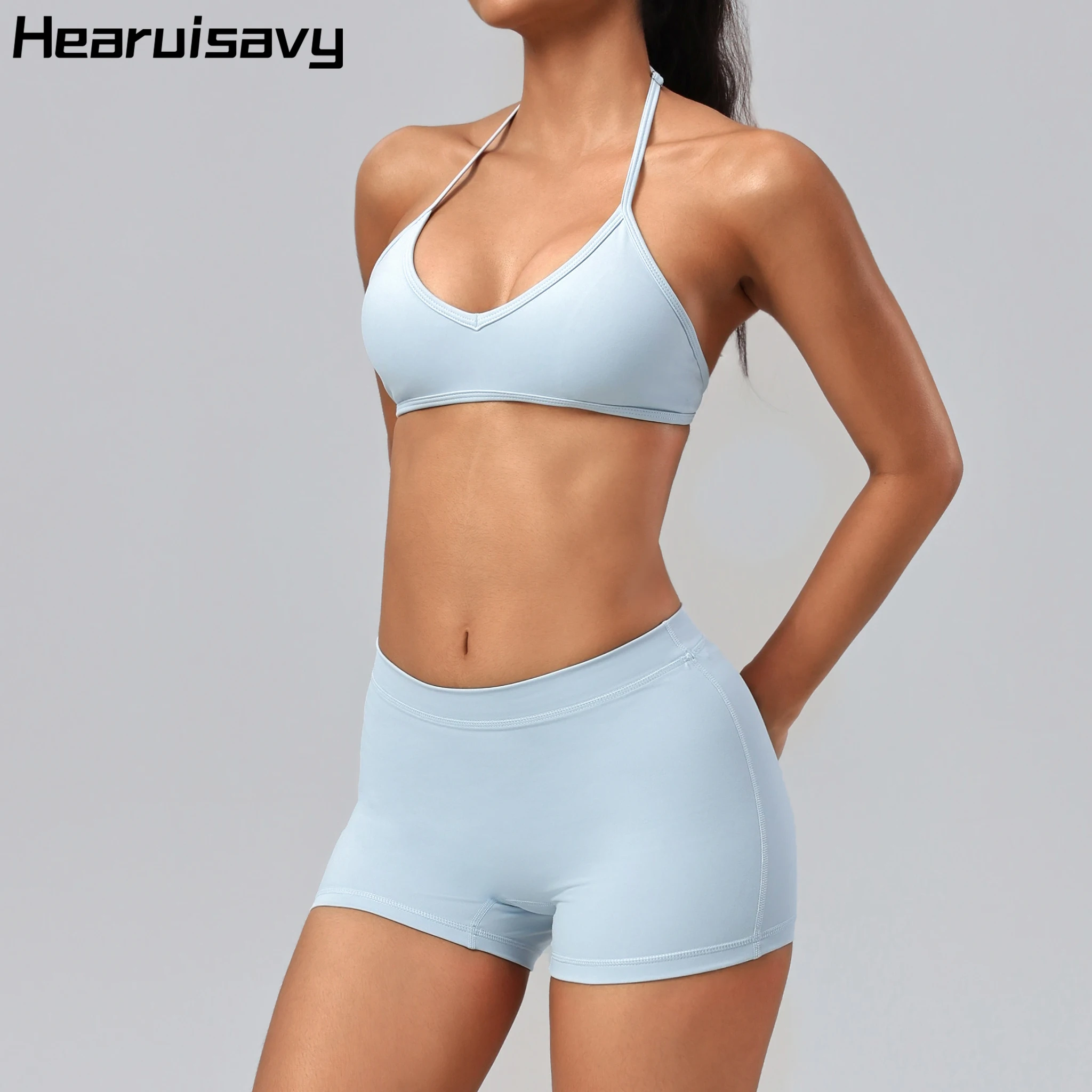 Hearuisavy Women's 2 Pcs Yoga Set Halter Sports Bra Shorts Set High Waist Push Up Fitness Pants Gym Quick Dry Running Sportswear
