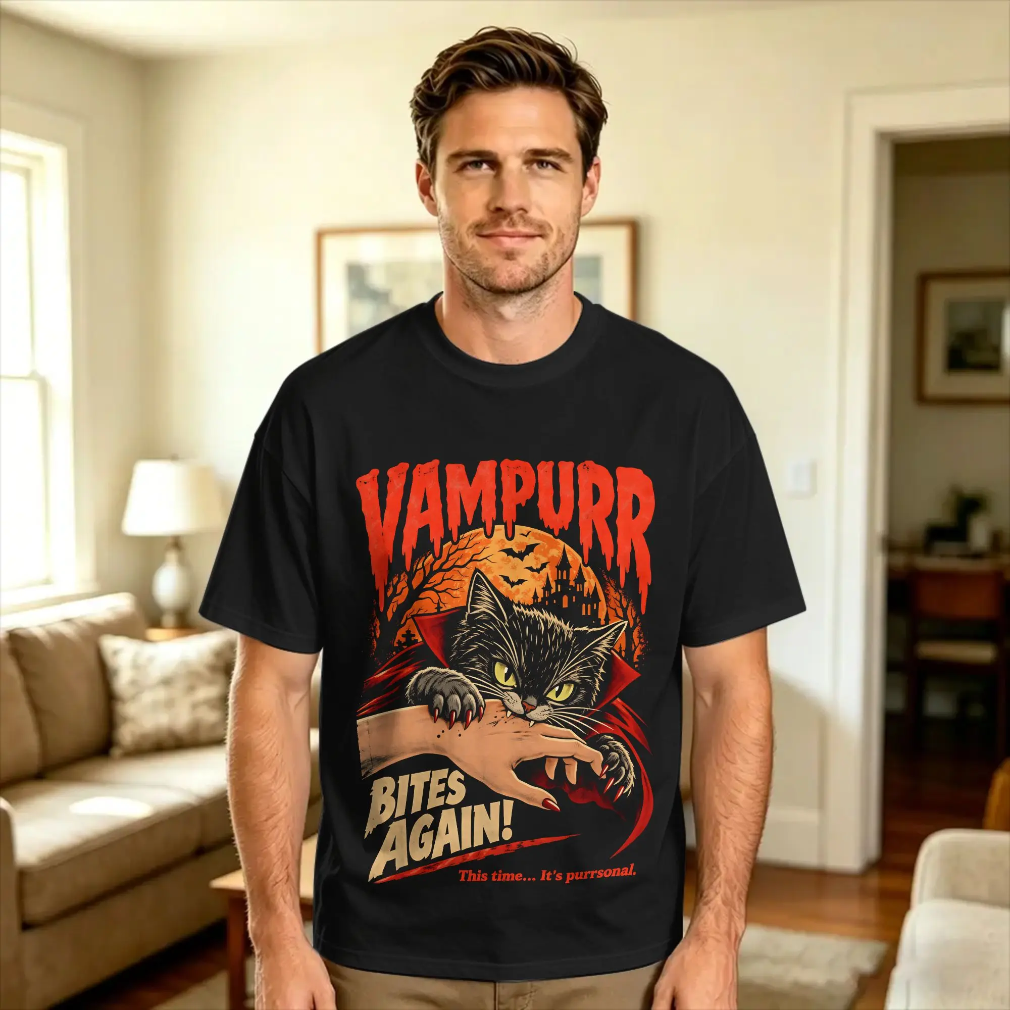 Vampurr Bites Again! Funny Cat Halloween Classic T Shirt Summer  Pure Cotton T Shirts For Man Custom DIY Tee Shirt Short-Sleeved