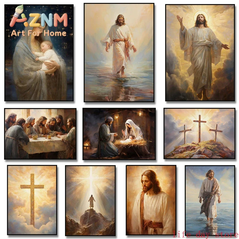 Jesus Walking on Water Christian Cross Wall Art Virgin Mary  Art Christian Print Canvas Painting Christian Bible Home Decor