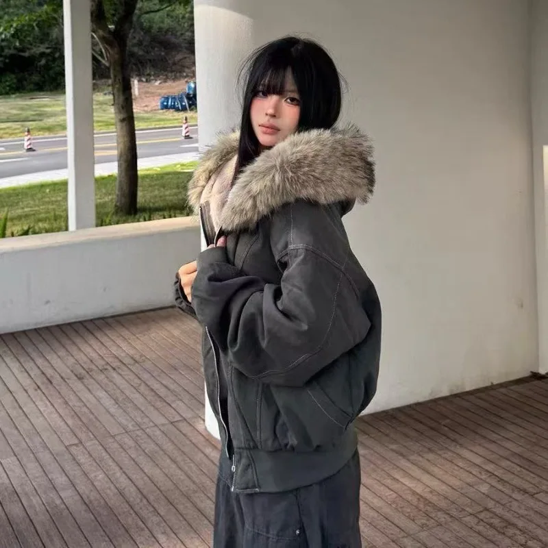 

American Retro Fashion Fur Collar Parkas Winter Campus Style Thick Hooded Design Short Cotton Jacket Female Clothing