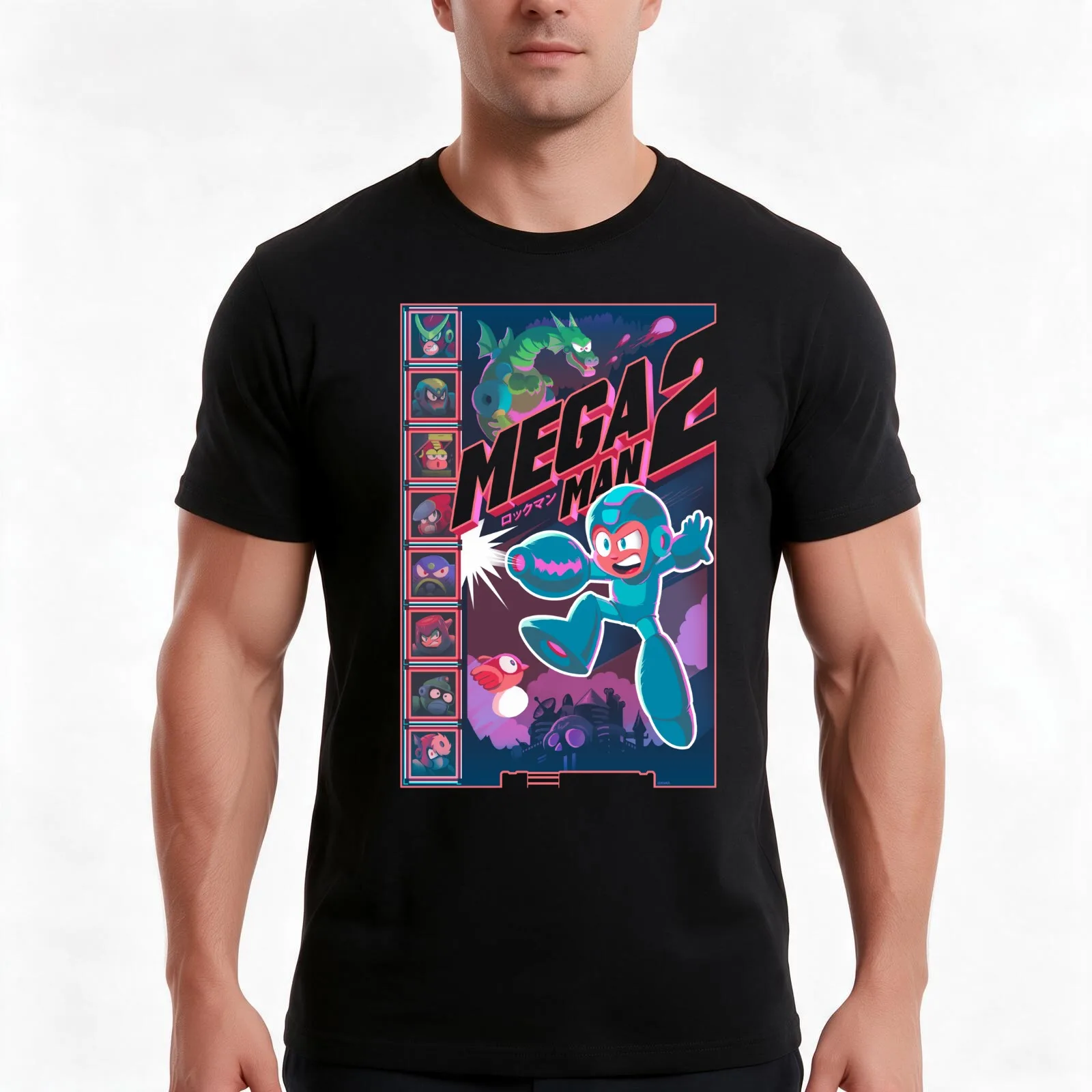 Mega Man 2 Robot Masters T-Shirt, Summer Casual Cotton Tee, Oversized Streetwear Tops, Vintage Graphic Print, Unisex Men Women