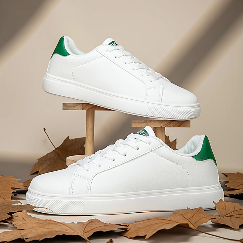 

Men Board Shoes Flat Female White PU Leather Walking Casual Shoes Lace Up White Sneakers Thick Sole Outdoor Luxury Fashion