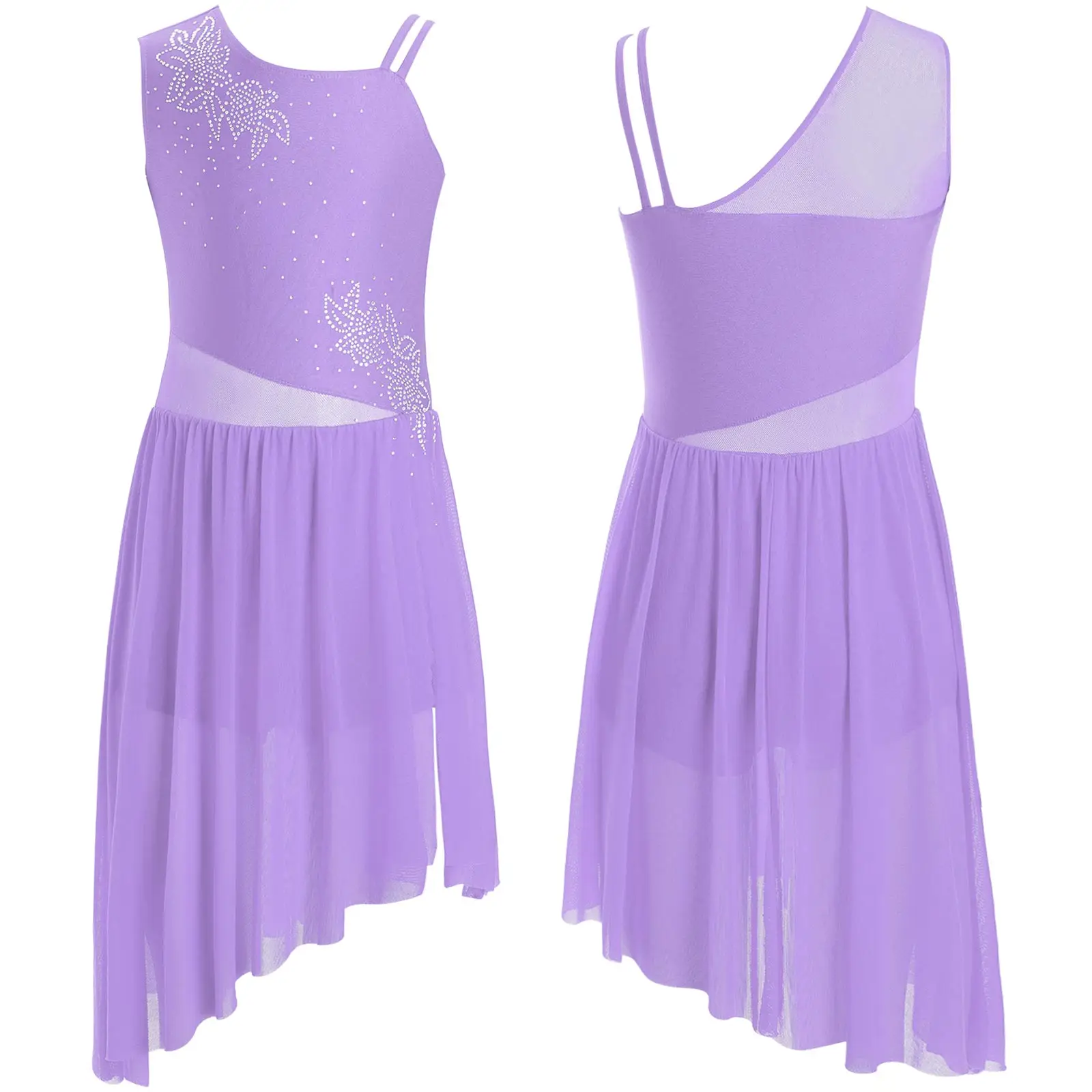 

Lyrical Dance Figure Skating Dress for Girls Leotard Ballet Dancewear Sleeveless Rhinestones Flower Side Slit Mesh Skating Dress