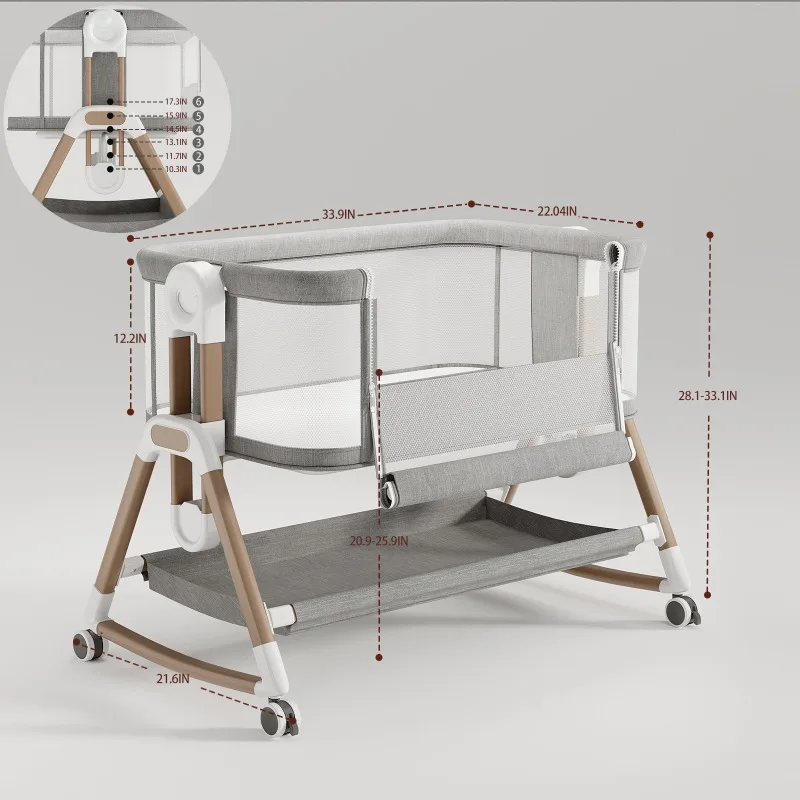 Adjustable Baby Crib with Wheels - 4-in-1 Foldable Design Includes Mosquito Net, Mattress & Storage Shelf, Portable Cradle