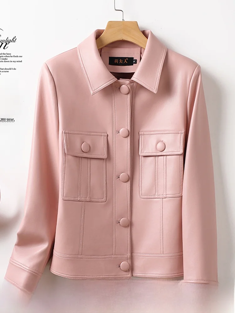 เสื้อแจ็คเก็ตหนังแท้สำหรับผู้หญิง รุ่นใหม่ ฤดูใบไม้ร่วง 2024 สไตล์ลำลอง ไซส์เล็ก แฟชั่น