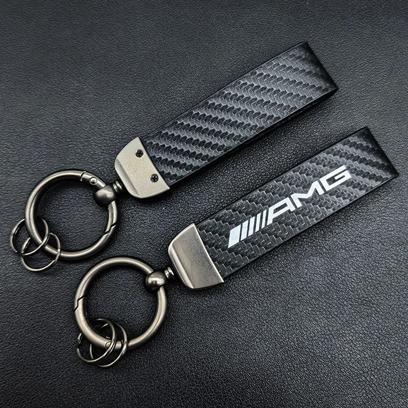 Auto AMG Logo Keyring Carbon Leather Luxury Car Keychain For Mercedes Benz W203 W204 W205 W176 W166 W212 213 CLS GLK ML A Class