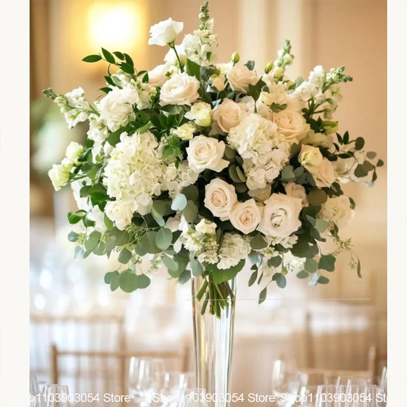Weiße Hochzeitstischdekoration, künstliche Blumenarrangements, Hortensien, Rosen, Delphinien, Blumen für Hochzeitsfeier, Partydekoration – Detail 4