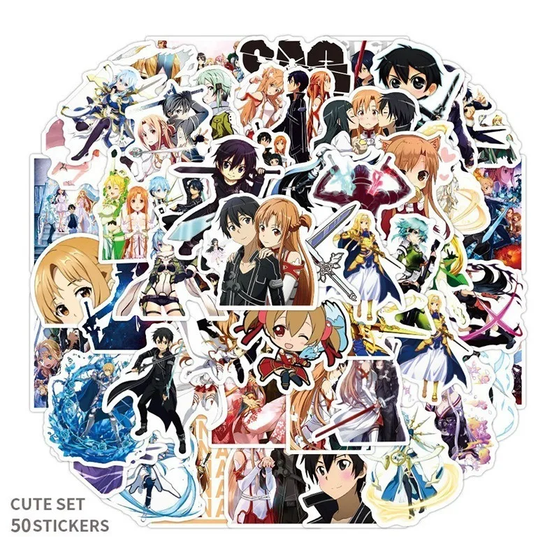 50 Uds. Pegatinas de Anime Sword Art Online DIY maleta para portátil equipaje monopatín dibujos animados Asuna Kirito SAO calcomanías juguete de regalo