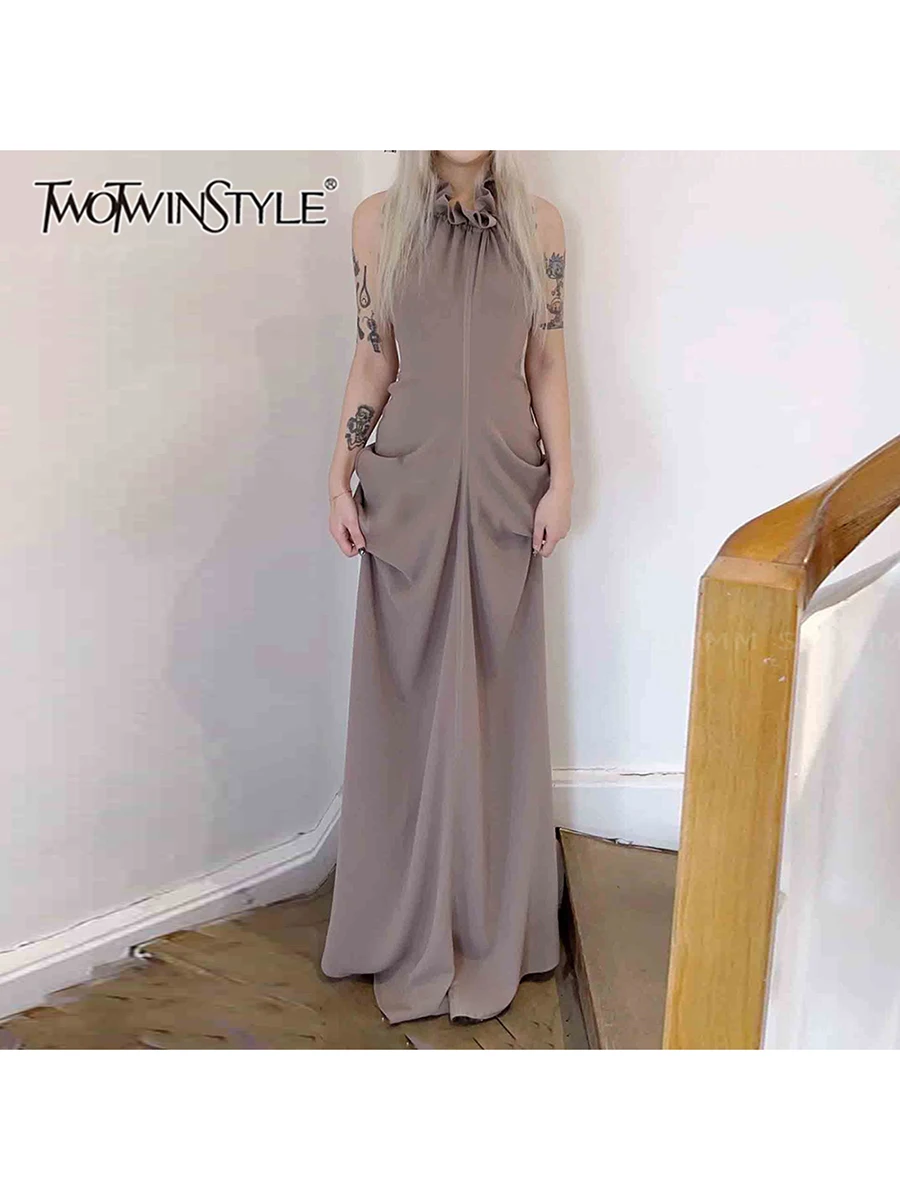 

TWOTWINSTYLE Solid Slimming Elegant Dresses For Women Round Neck Sleeveless High Waist Backless Temperament Dress Female Clothes