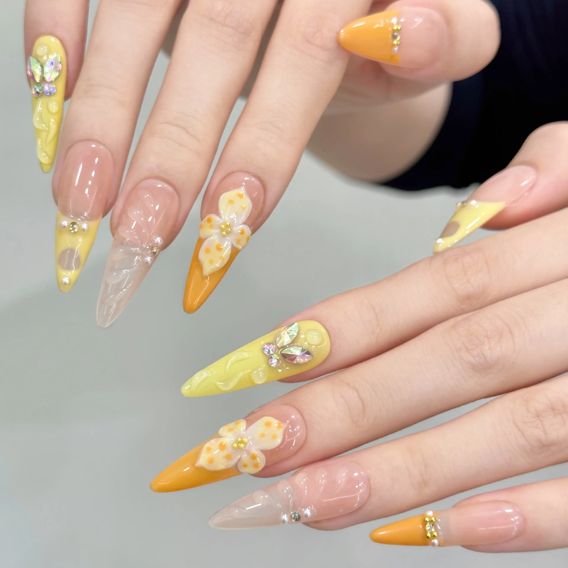 10pcs Vitality Orange French Handmade Press On Nails 3D Carving Egg Flower Designs False Nail Long Ballet Summer Fake Nail Tips