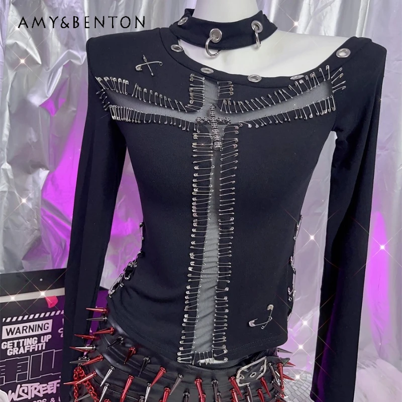 

Европейская и американская популярная девушка с круглым вырезом, сексуальная женская одежда с открытыми плечами, готическая темная брошь, женские футболки с длинными рукавами в стиле панк