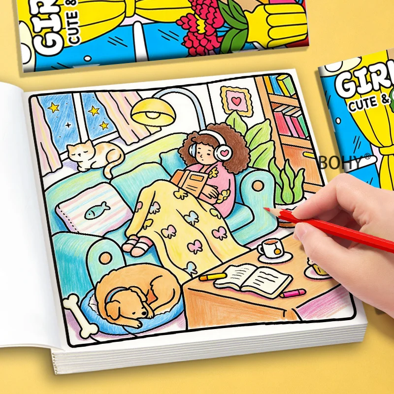 1 Girl's Style Relaxation Color Painting Album, Live Alone/Listen Music/Cooking and Other Life Scene Theme Patterns, 24 Pages