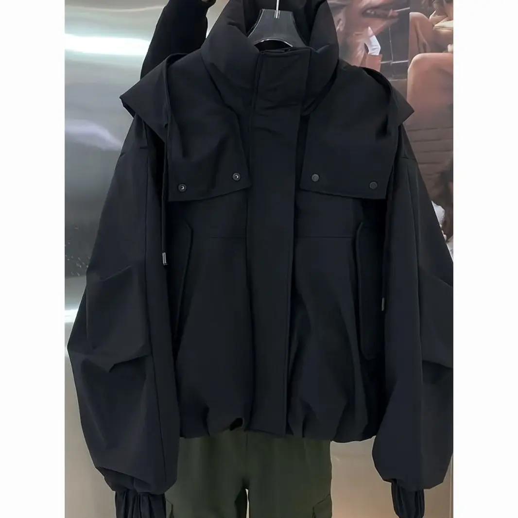 2027 New Autumn Winter Jacket Double-pocket Korean Overwear Female High-Quality Tooling Coat Women's Unique Hooded Outcoat Top