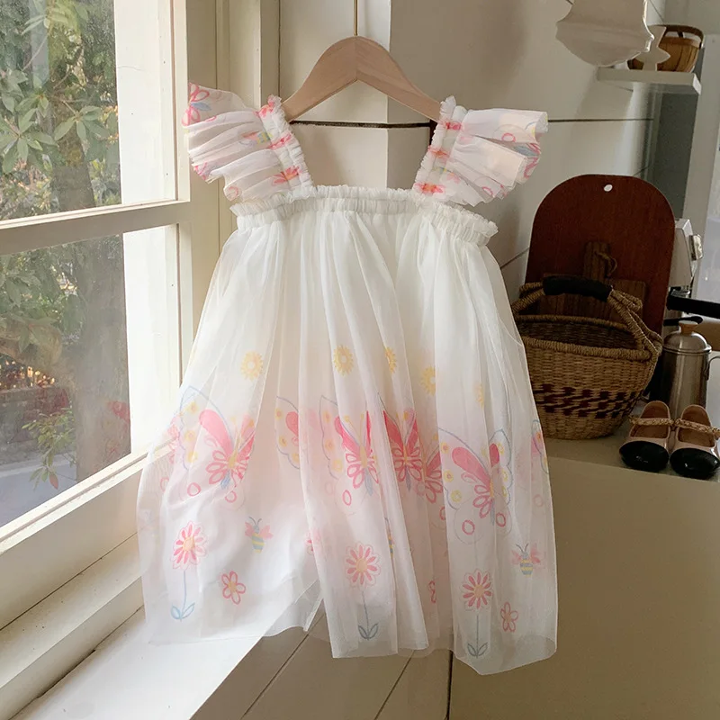 

Summer New Children's Clothing Butterfly Print Girls' Dress Mesh Princess Dress Puffy Dress Baby Dress