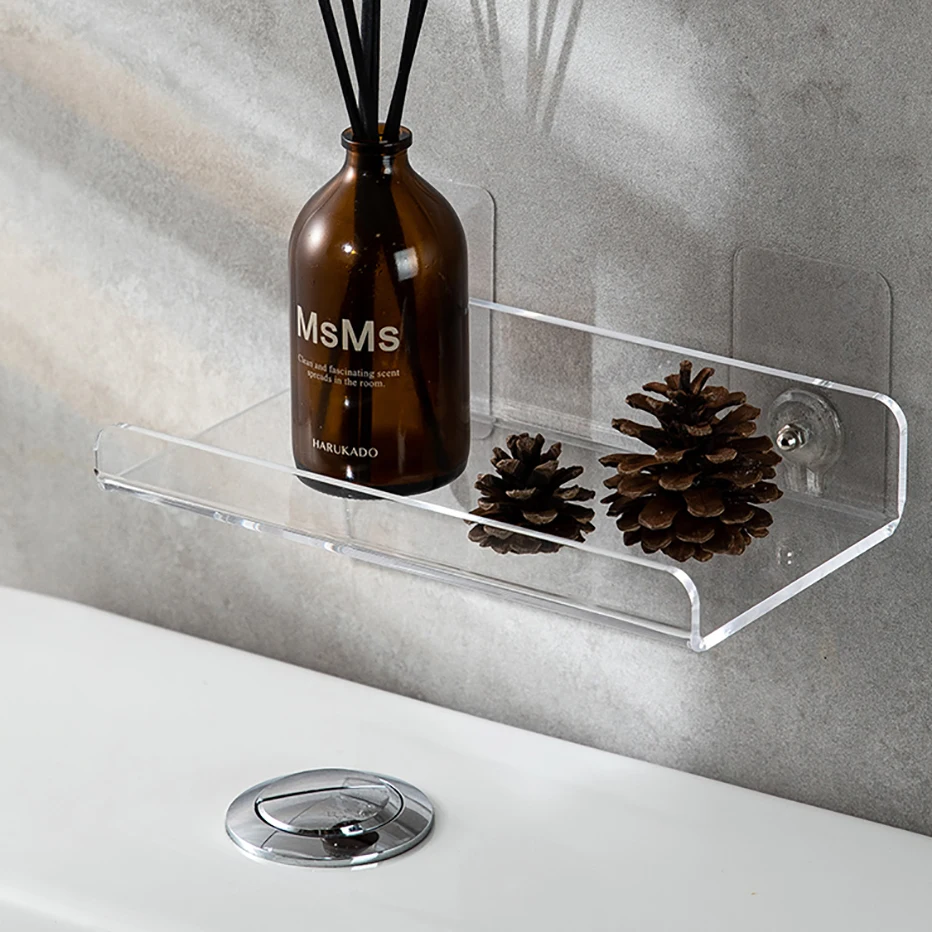 Clear acrylic floating shelf — self‑adhesive wall storage for books, toys, bathroom soap dispenser & décor 4