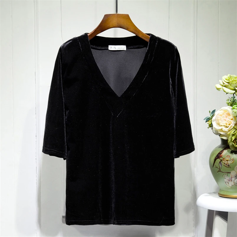 Women\' s Velvet Tops Autumn V-Neck Half Sleeves Loose Pullover Tops 2026 Spring Summer High Street Basic Shirts Velour Blouse