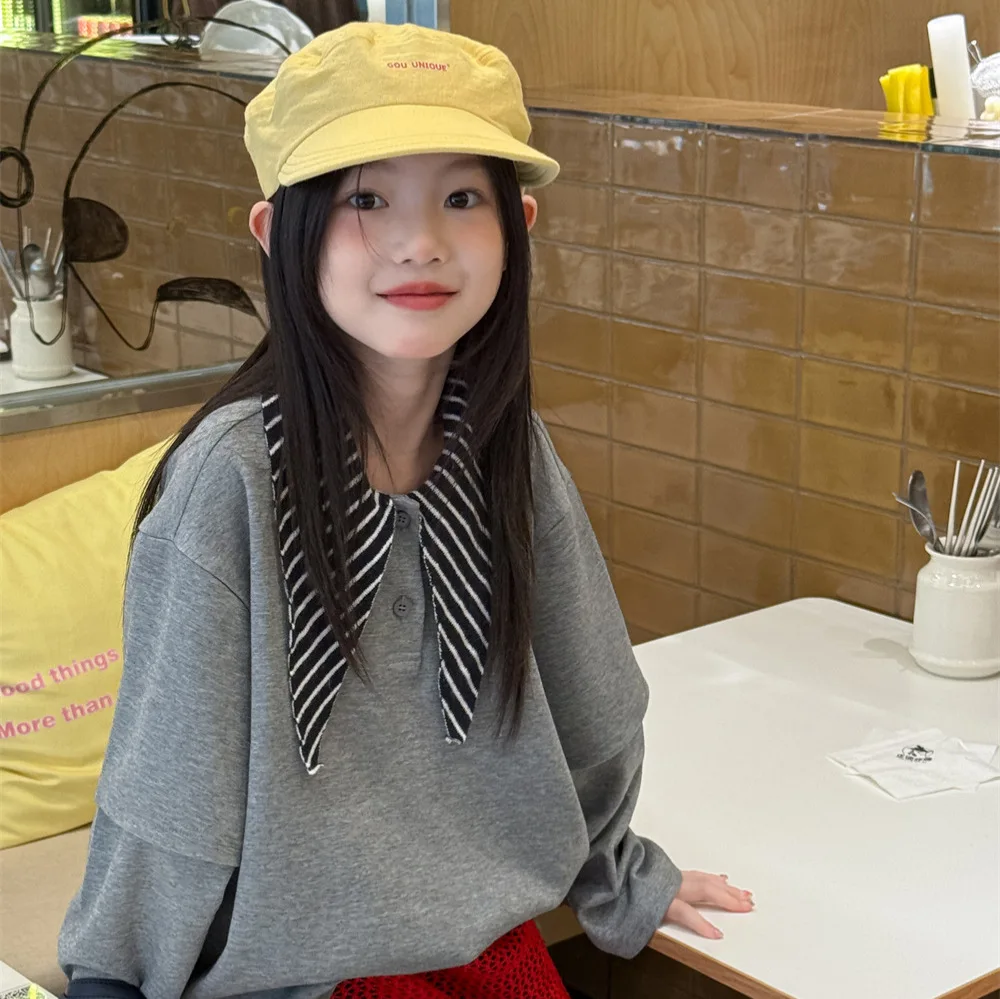 Children's Clothing Girls' Tops 2025 Autumn New Striped Collar Long-sleeved Boys' All-match Shirt