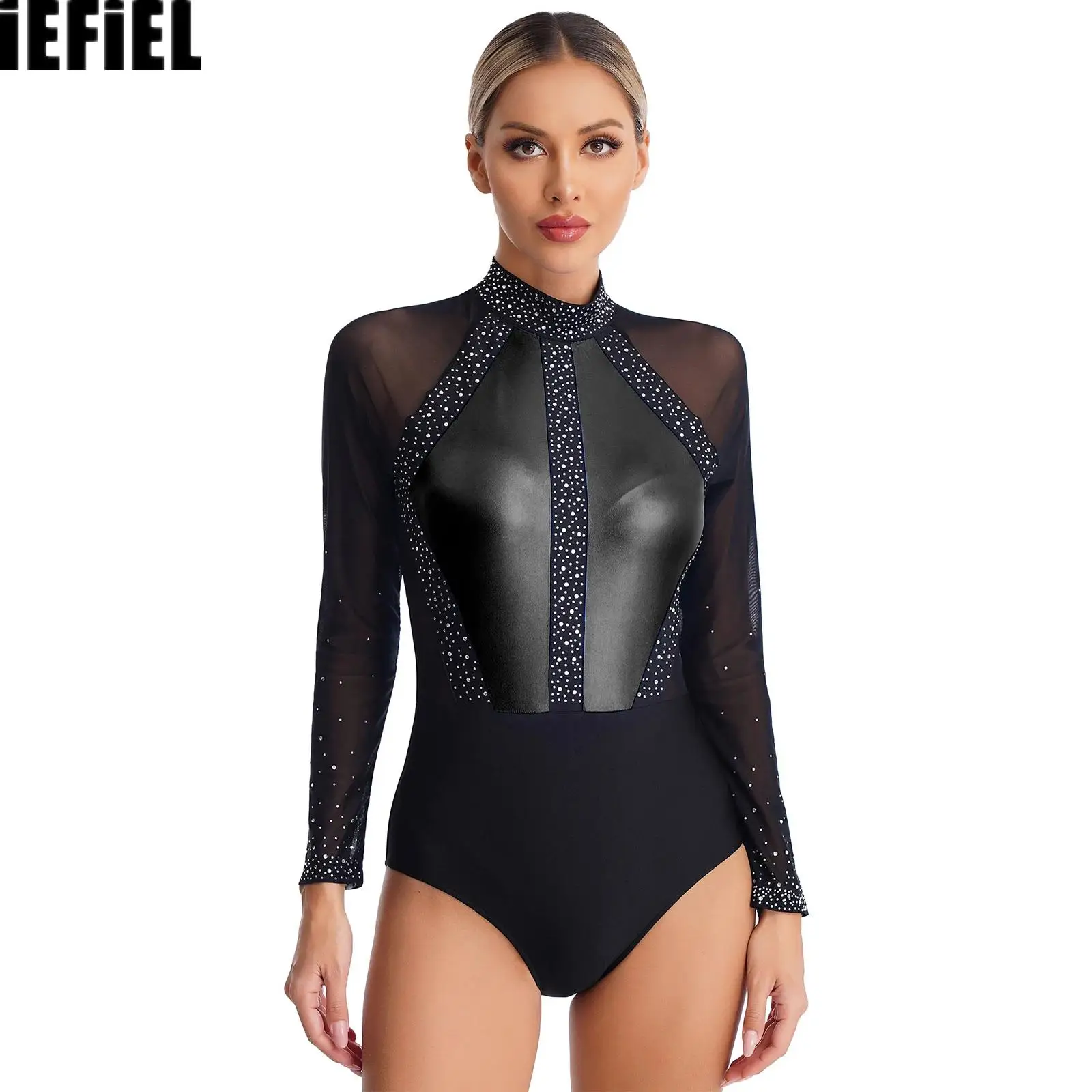 Damen-Ballett-Trikot mit Strasssteinen, Farbblock, Patchwork, Schlüsselloch-Rücken, durchsichtiger Netz-Body für Gymnastik, Eiskunstlauf