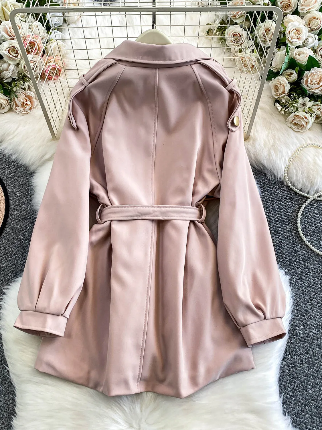 

Ele Briti Sle Women's Coat Slimming Waist Tie Waistline Long Sve Double Breasted Lapel Outerwear for Office