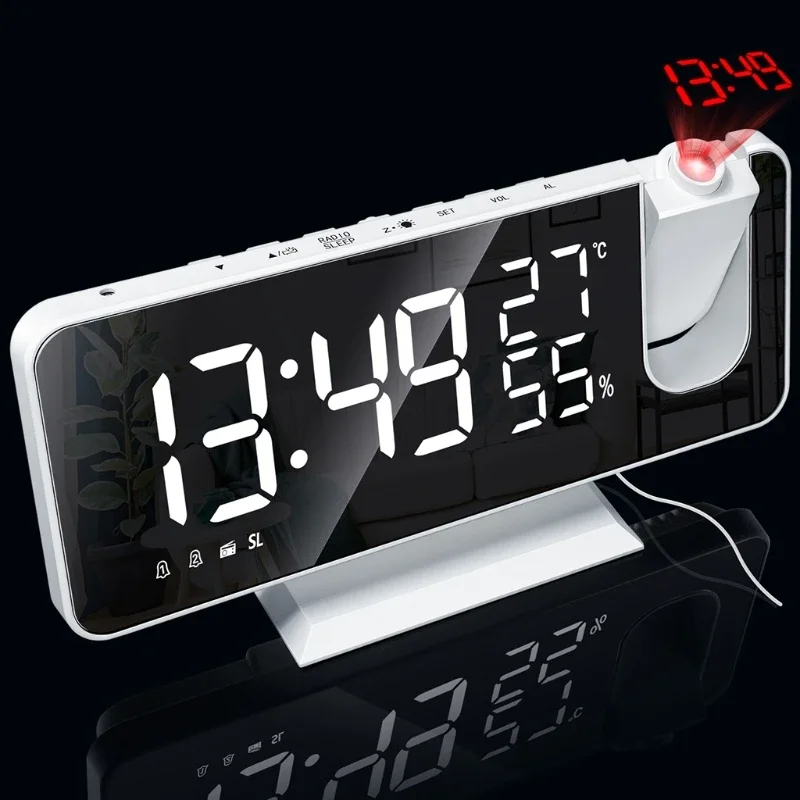 LED Digital Alarm Clock Table Watch Electronic Desktop Clocks FM Radio for Time Projector Snooze Alarm Temperature Humi