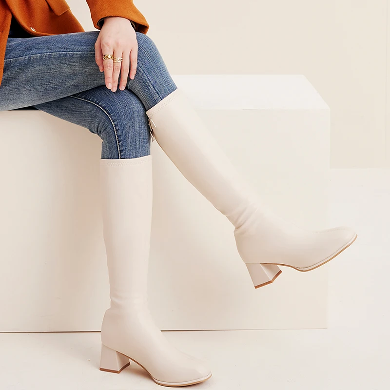 

XiangXiangLi Женские сапоги до колена с флисовой подкладкой, длинные сапоги-трубы на массивном каблуке