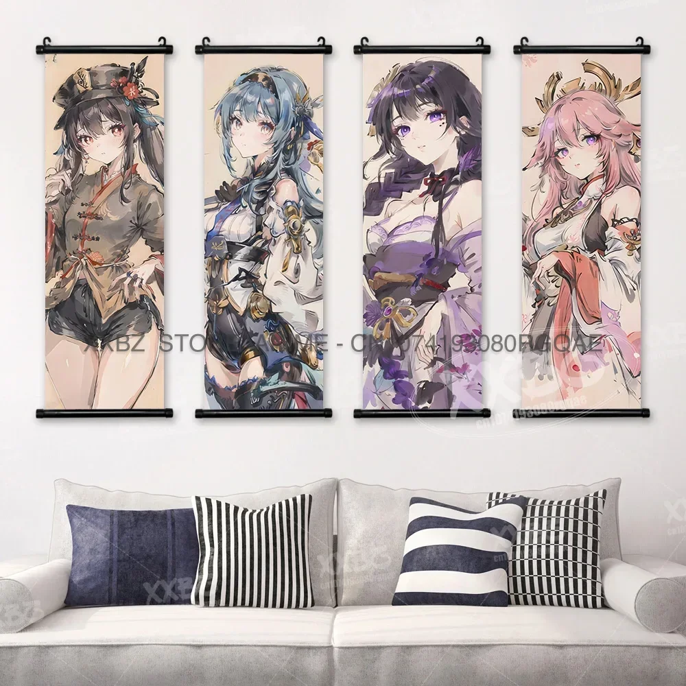 Genshin Impact Games Figuren Scrolls Foto Zhongli Woondecoratie Hangende Schilderijen Shenhe Muur Kunstwerk Posters Behang