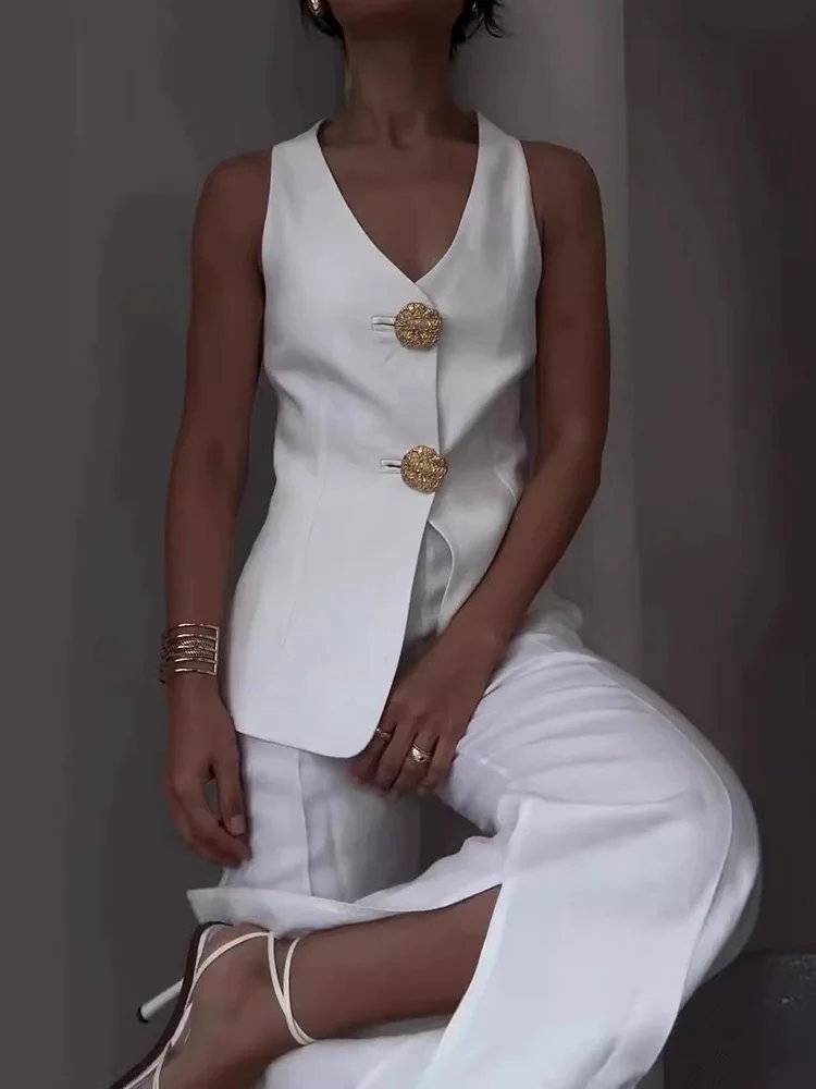Office V Neck Sleeveless Vest Pants Suits, Women Spring Summer Buttons Elegant Outfit, 2025 Vintage Wide Leg Pants Ladies Sets