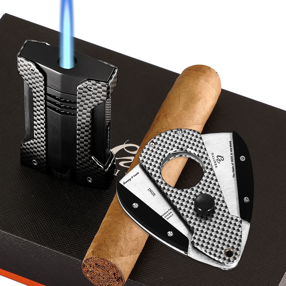 GALINER Carbon Fiber Lighter Cigar Cutter Guillotine Portable Cigar Knit Smoking Accessories Metal Butane Gas Torch Lighter