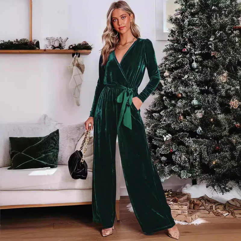 Women's Jumpsuit Commuter Casual Top Comfortable Career Solid Color Long Sleeve V-neck Fashion Elegant Straight Leg Pants
