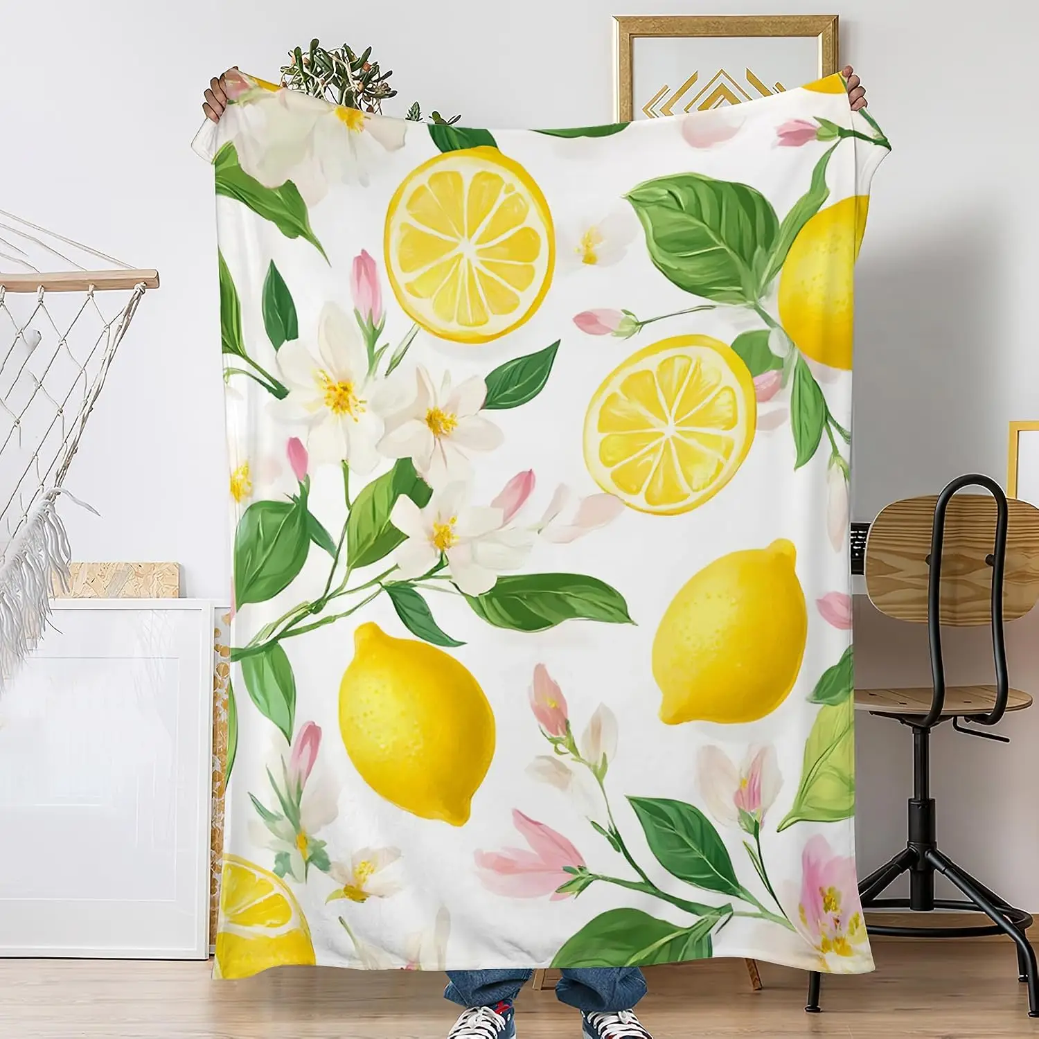 Lemon Floral Print Throw Blanket Spring Garden Watercolor Aesthetic Boho Chic Decorative Cozy Home Decor Gift