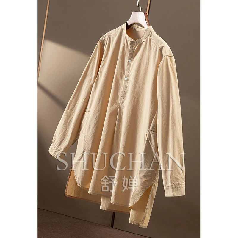 loose high style, early autumn pure cotton dark pattern fine grid small stand-up collar shirt women's 01E9 special