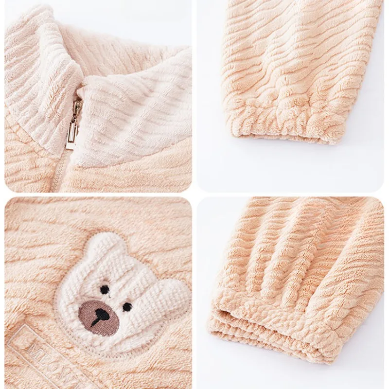 Autumn Winter Women Pajamas Winter Female Fleece Lined Padded Warm Zipper Nightclothes Suit Casual Stand Collar Homewear Set